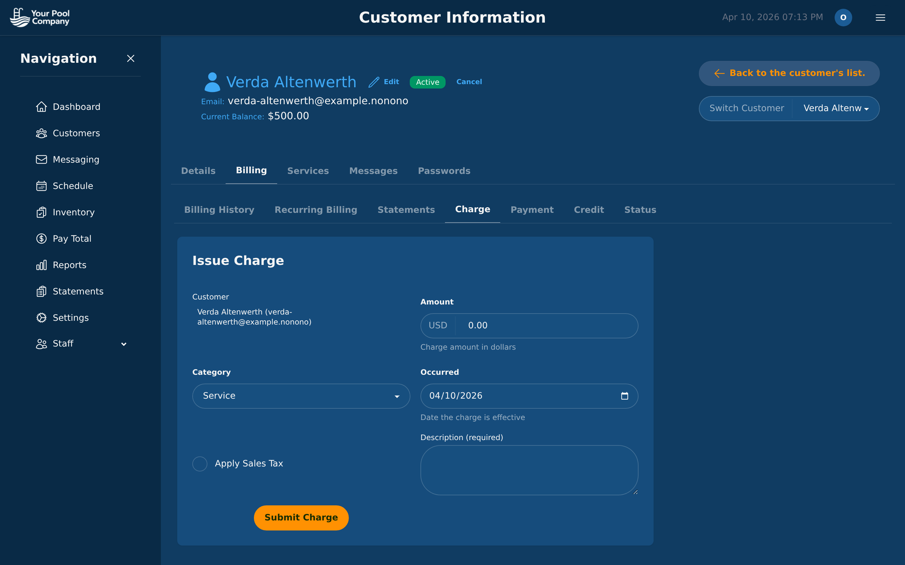 Pool Billing Software charge form with service category, tax calculation, and date selection