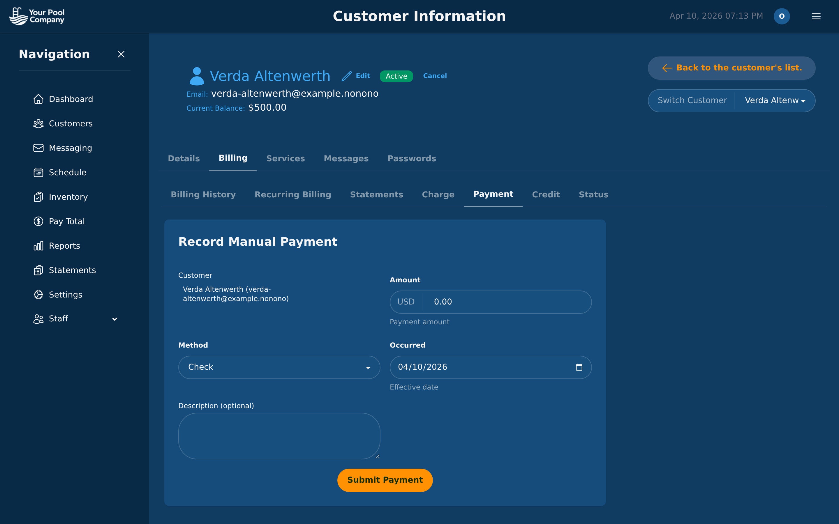 Pool Billing Software payment recording interface supporting Stripe, PayPal, ACH, and offline methods