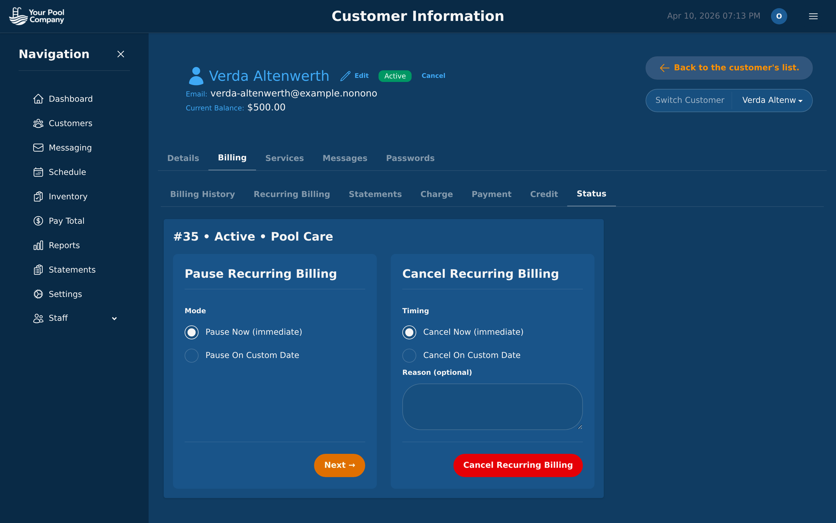 Pool Billing Software subscription status panel with pause, cancel, reactivate, and undo controls