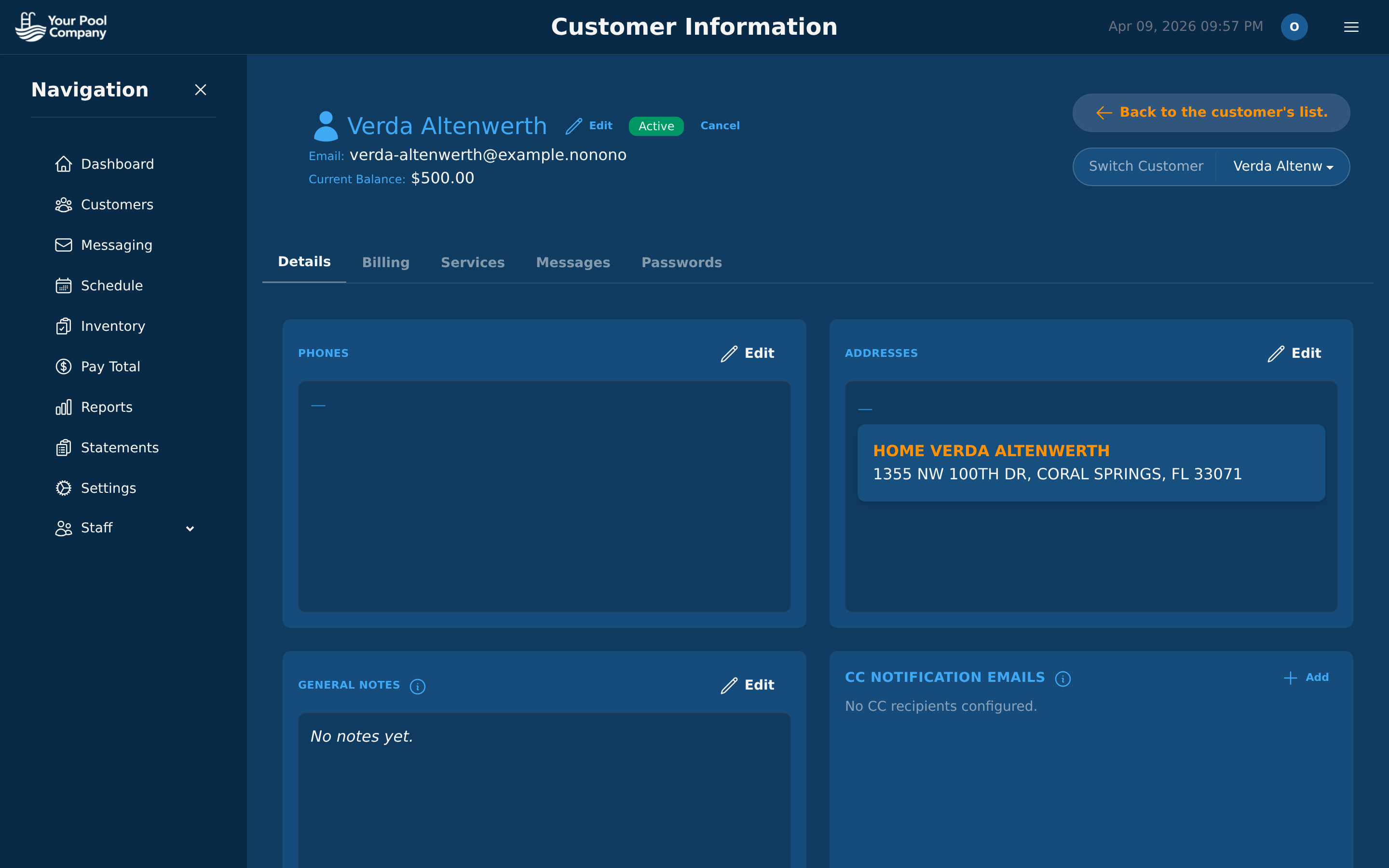 Pool Billing Software detailed customer profile with billing status and service history