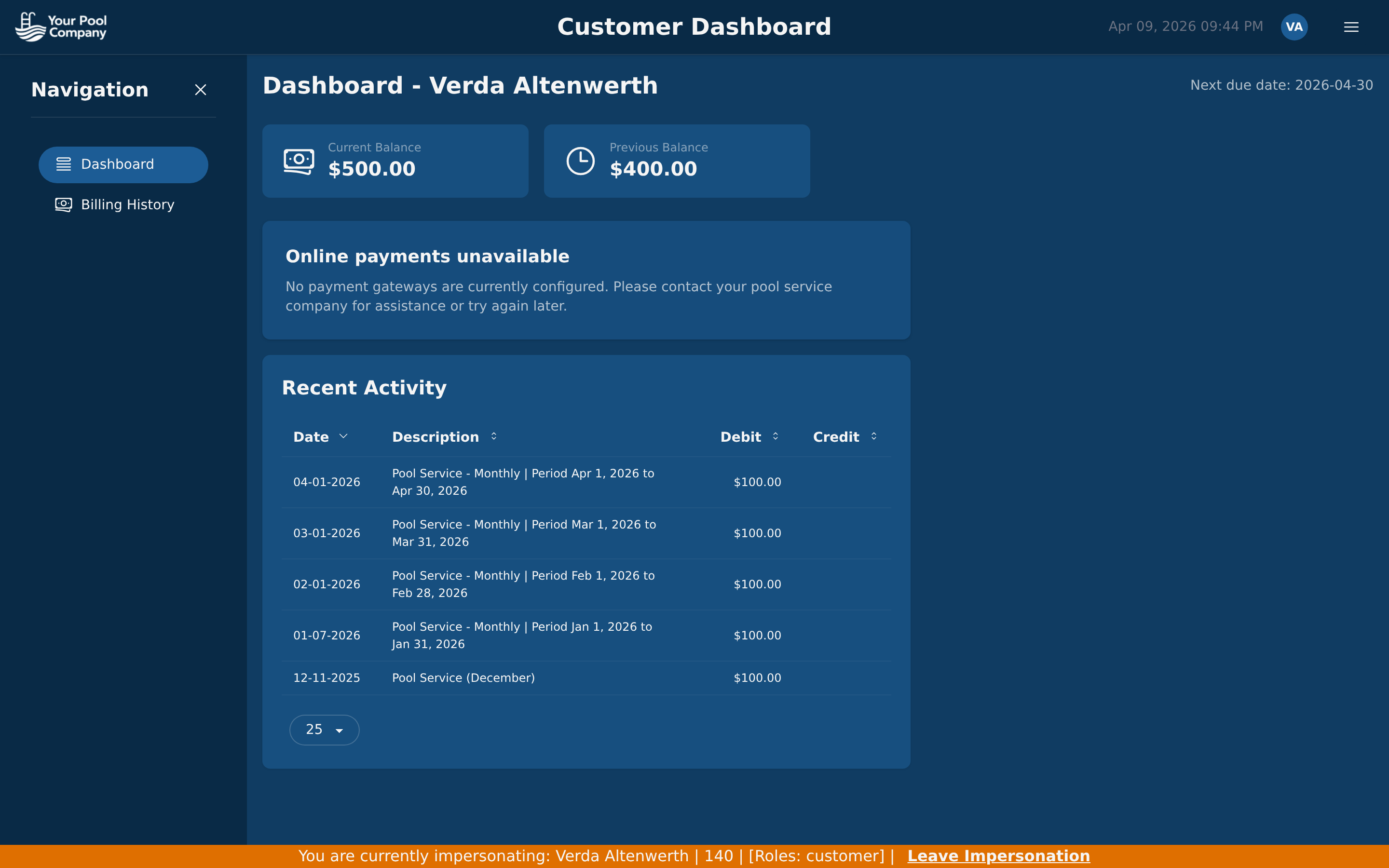 Pool Billing Software homeowner self-service portal showing account balance, recent activity, and online payment options