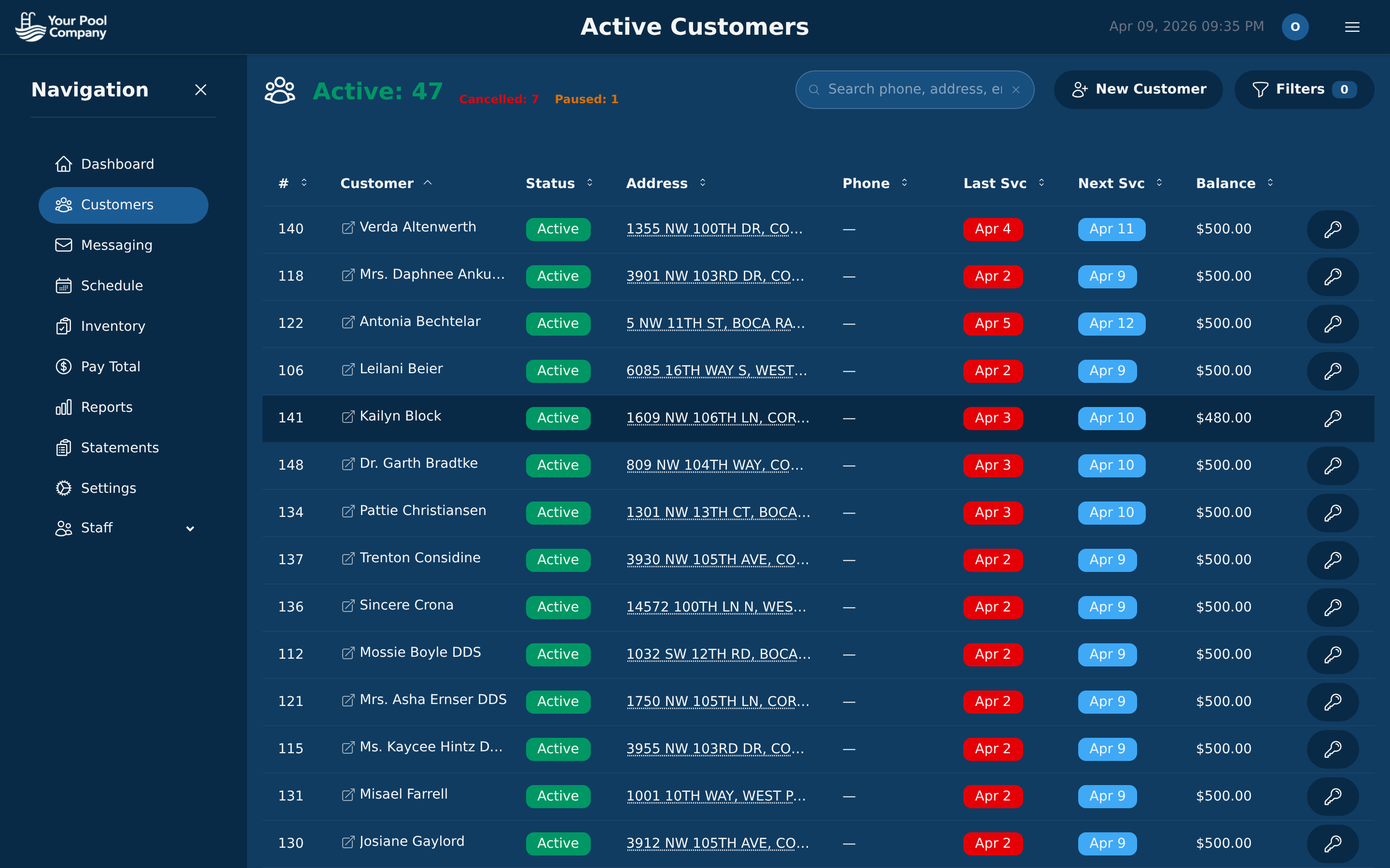 Pool Billing Software customer list with assigned technician and service day columns for workload visibility