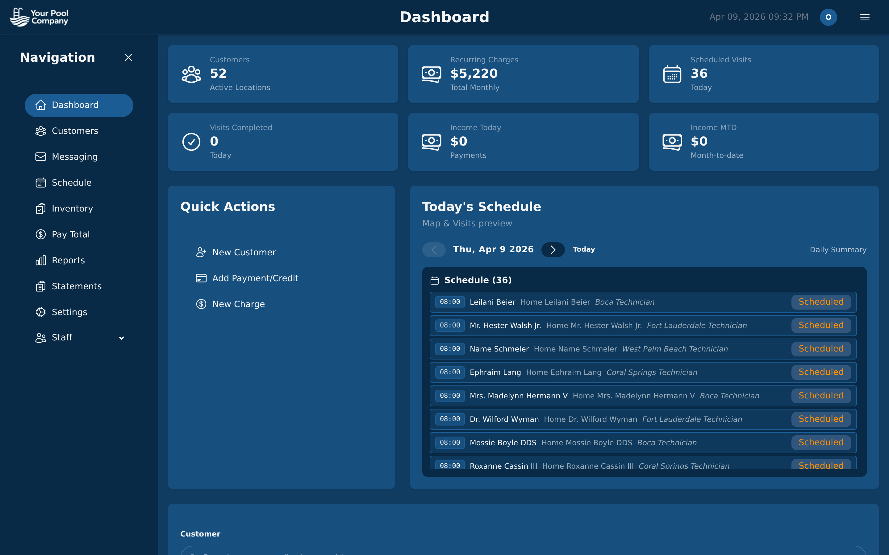 Pool Billing Software main dashboard with daily overview