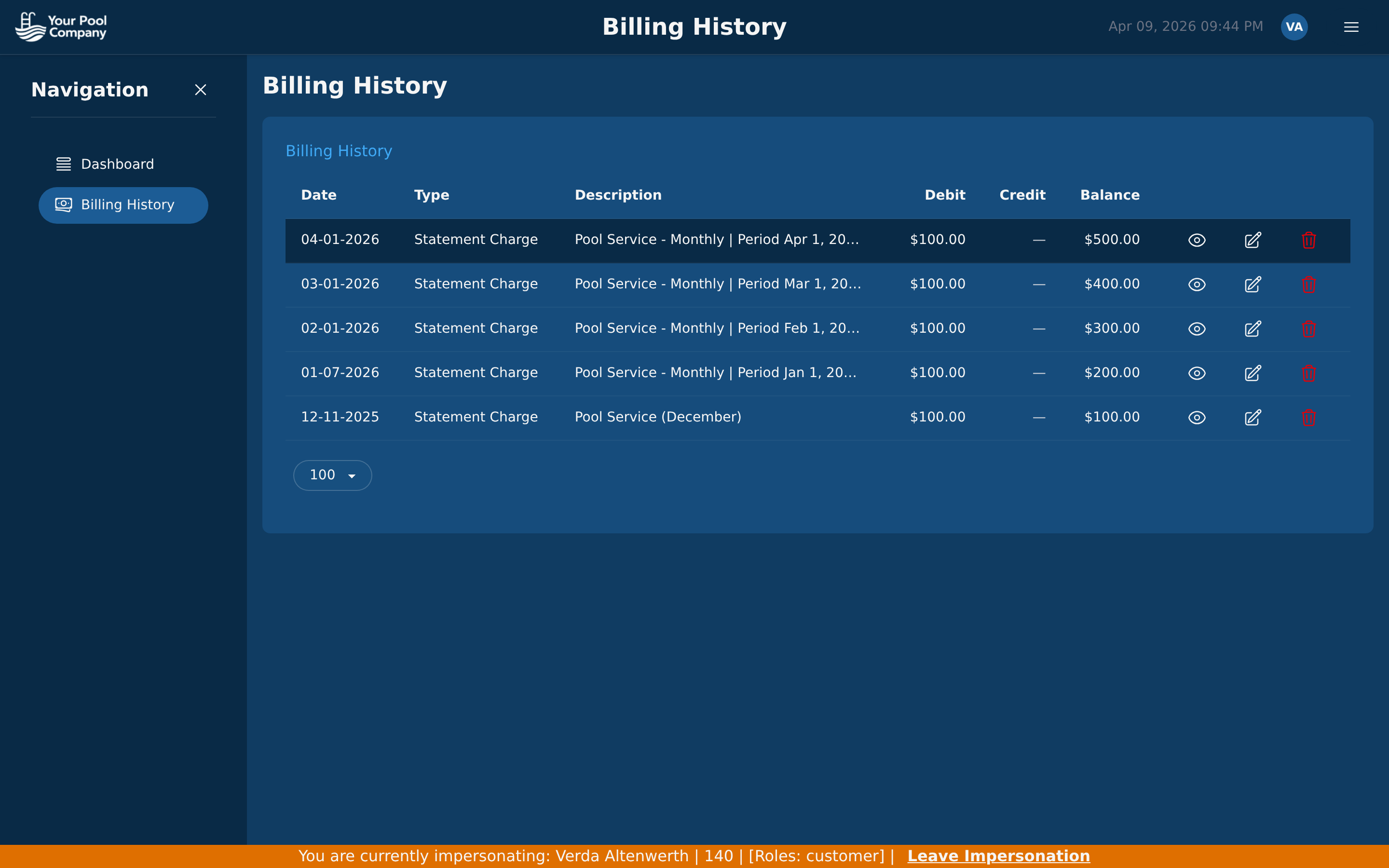 Pool Billing Software homeowner portal billing history with date, description, charge, payment, and running balance columns