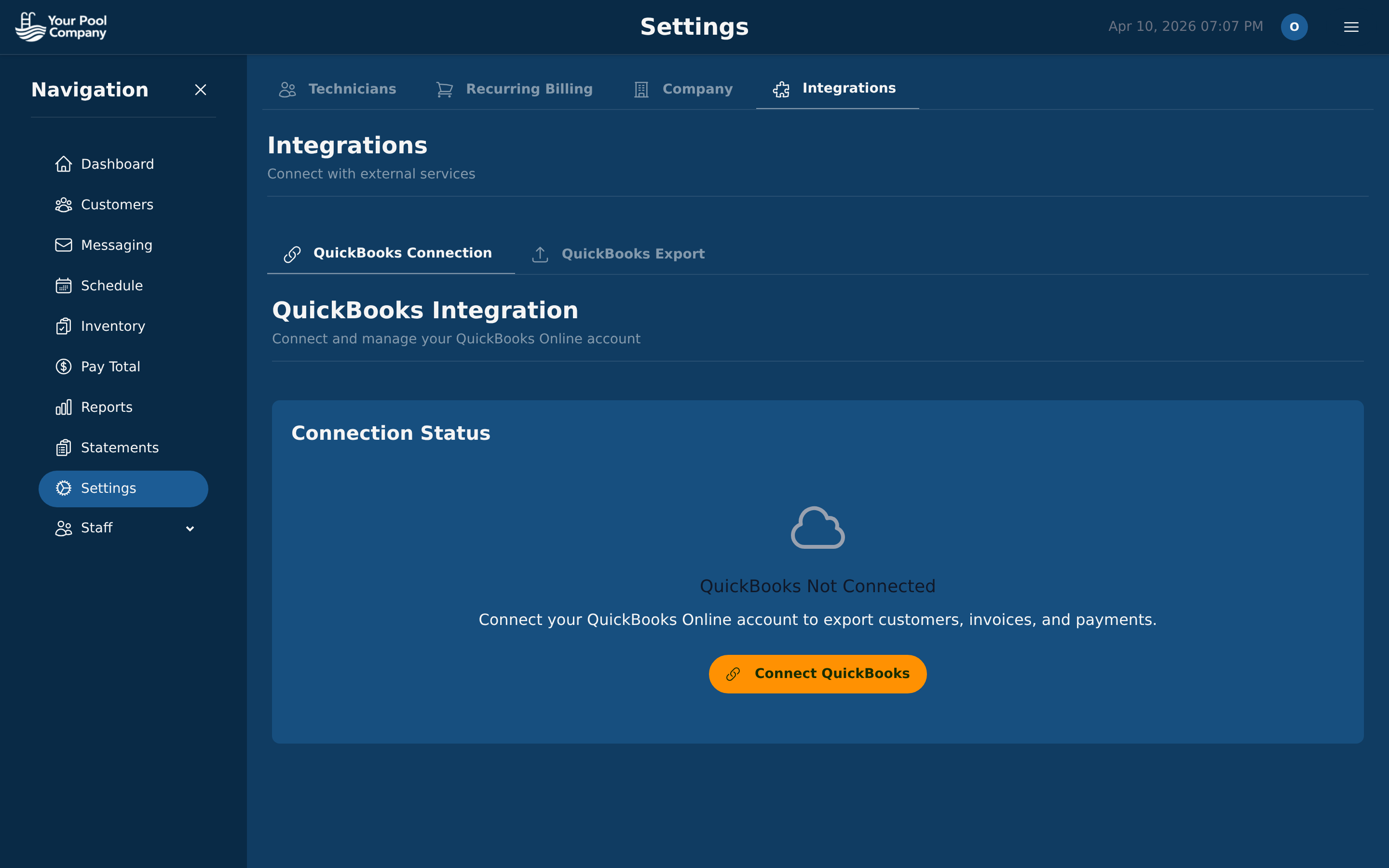 Pool Billing Software QuickBooks Online integration settings showing connection status and sync configuration