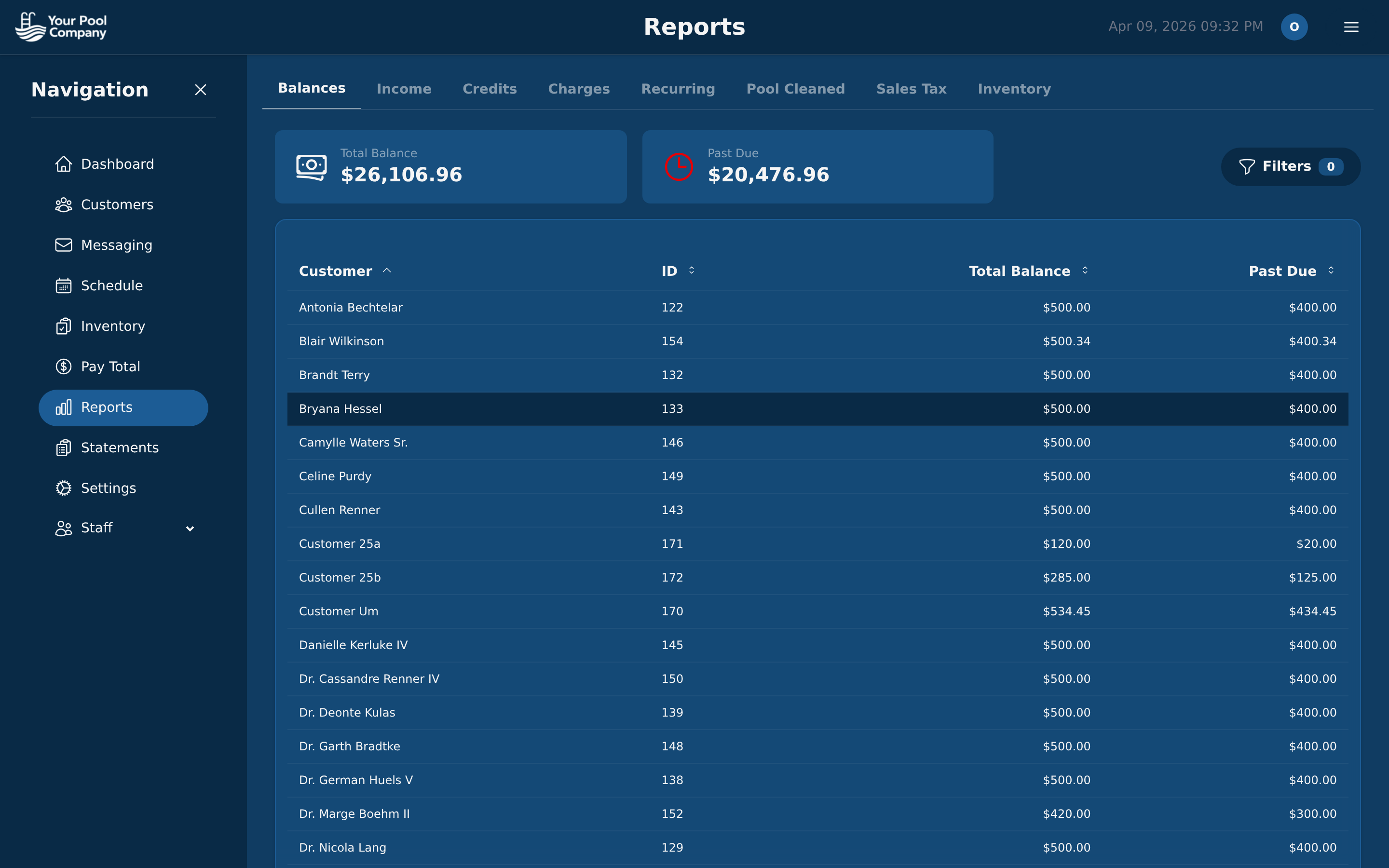 Pool Billing Software analytics dashboard with financial and operational reports