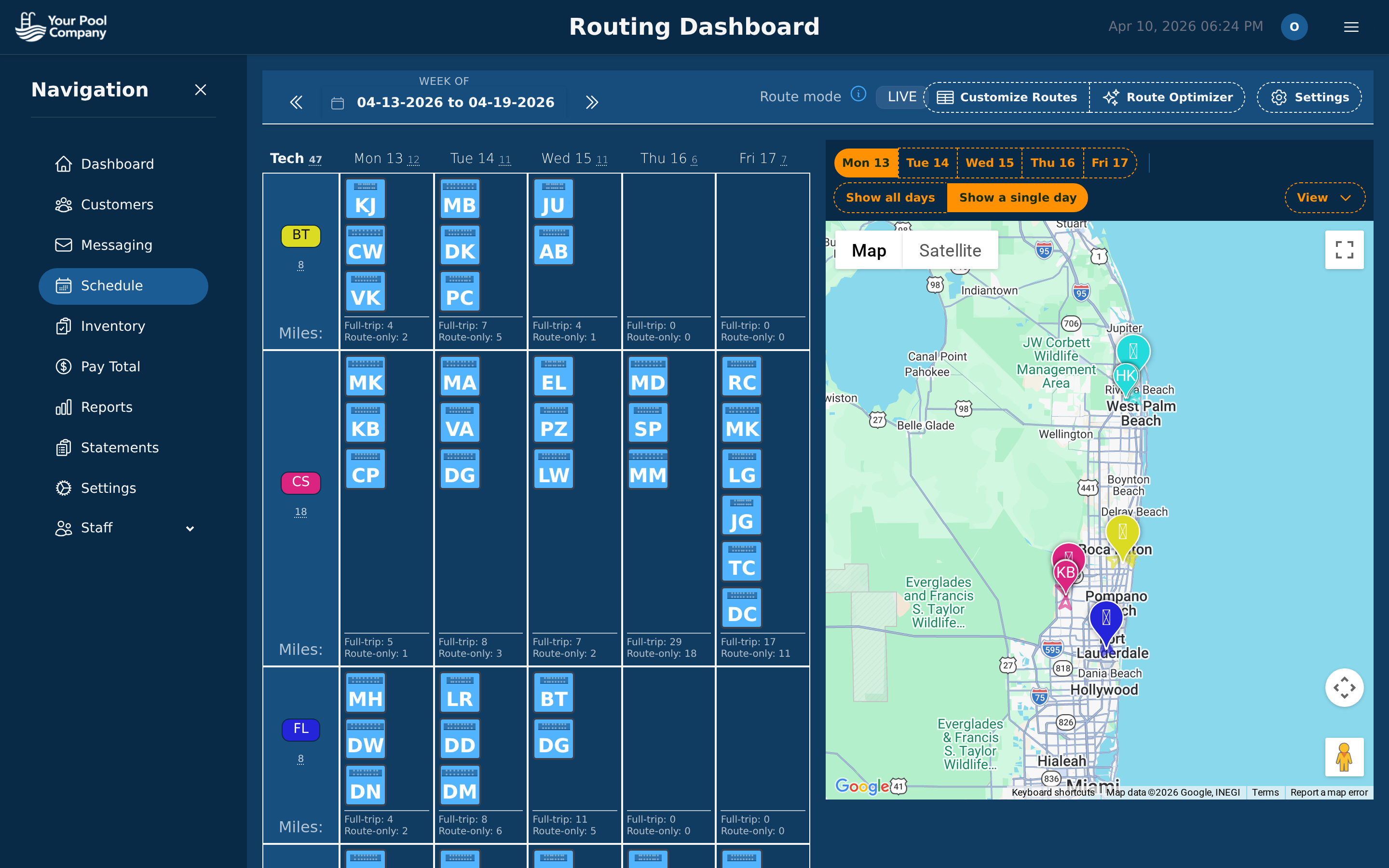 Pool Billing Software routing dashboard with weekly technician schedule and interactive map overlay