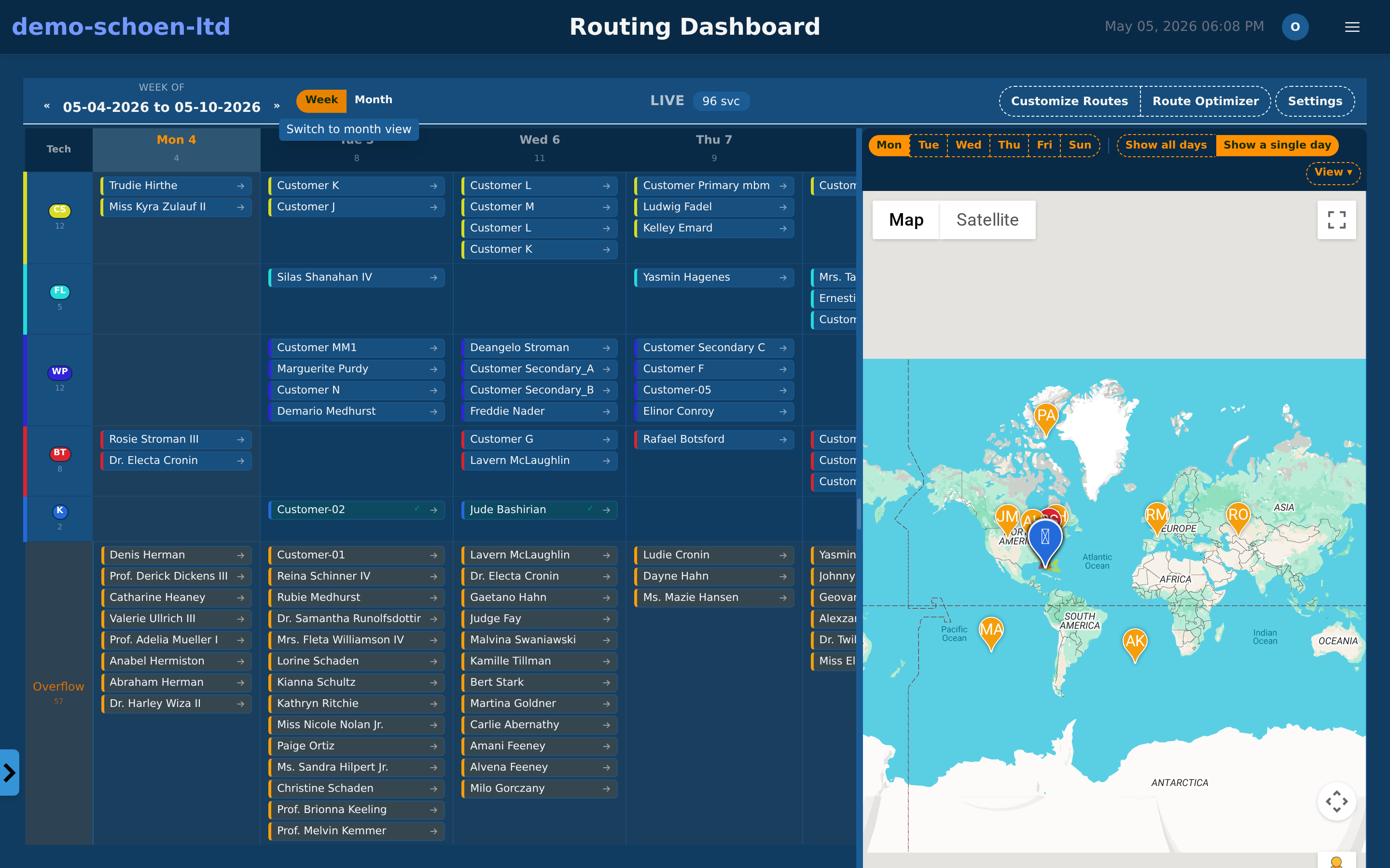 Pool Billing Software routing dashboard with weekly technician schedule and interactive map overlay
