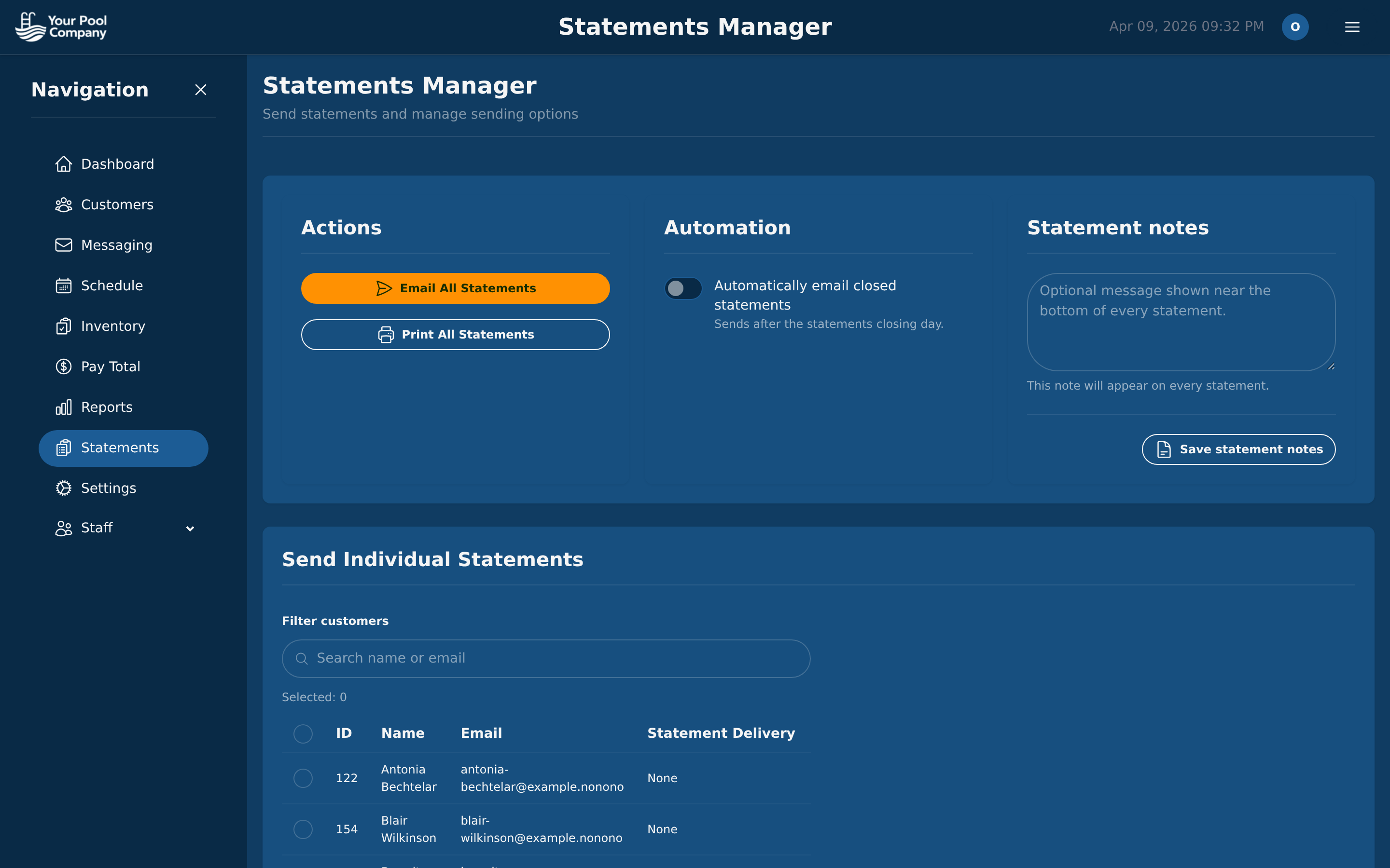 Pool Billing Software automated statement manager with bulk email delivery