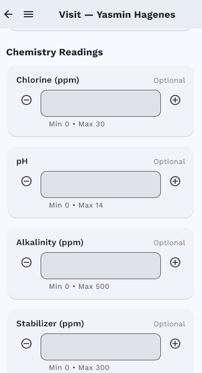 Pool Billing Software field app water chemistry entry screen with pH, chlorine, alkalinity, and calcium hardness fields