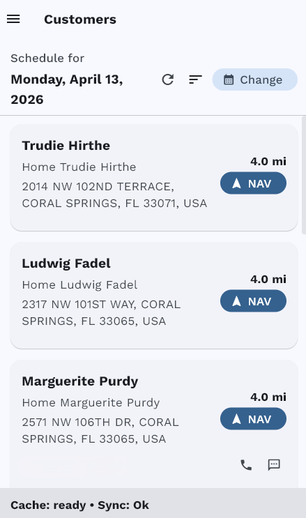 Pool Billing Software field app daily schedule with optimized route order and customer addresses
