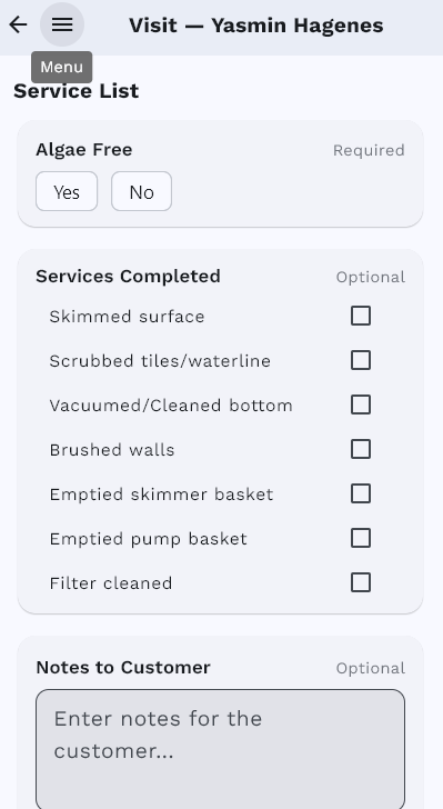 Pool Billing Software field app service checklist with required items that cannot be skipped