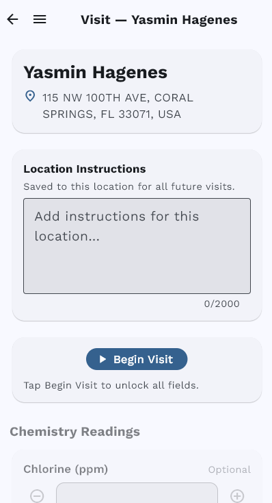 Pool Billing Software field app visit start screen with Begin Visit button and customer details
