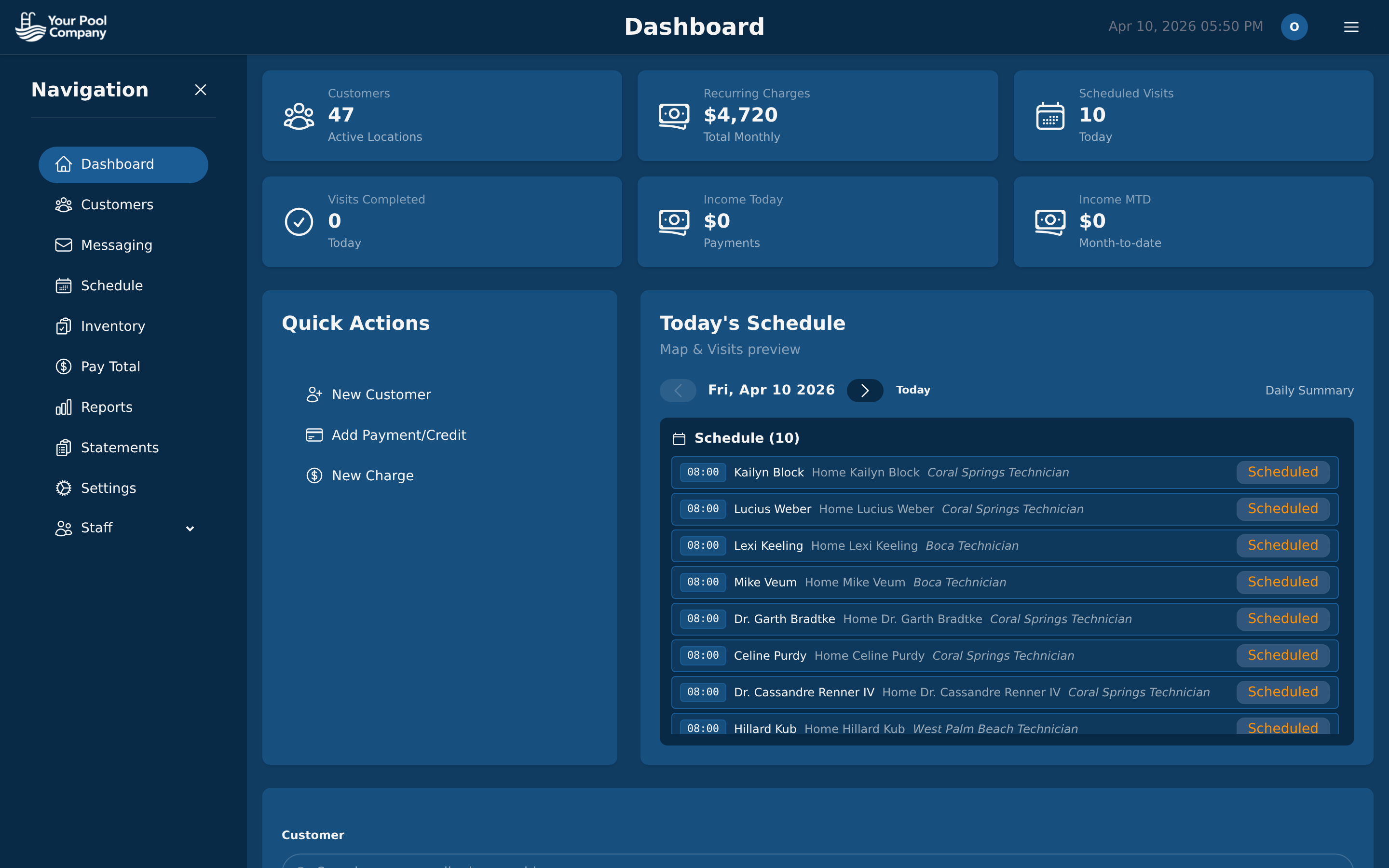 Pool Billing Software operational dashboard showing revenue, customer count, and today's service schedule